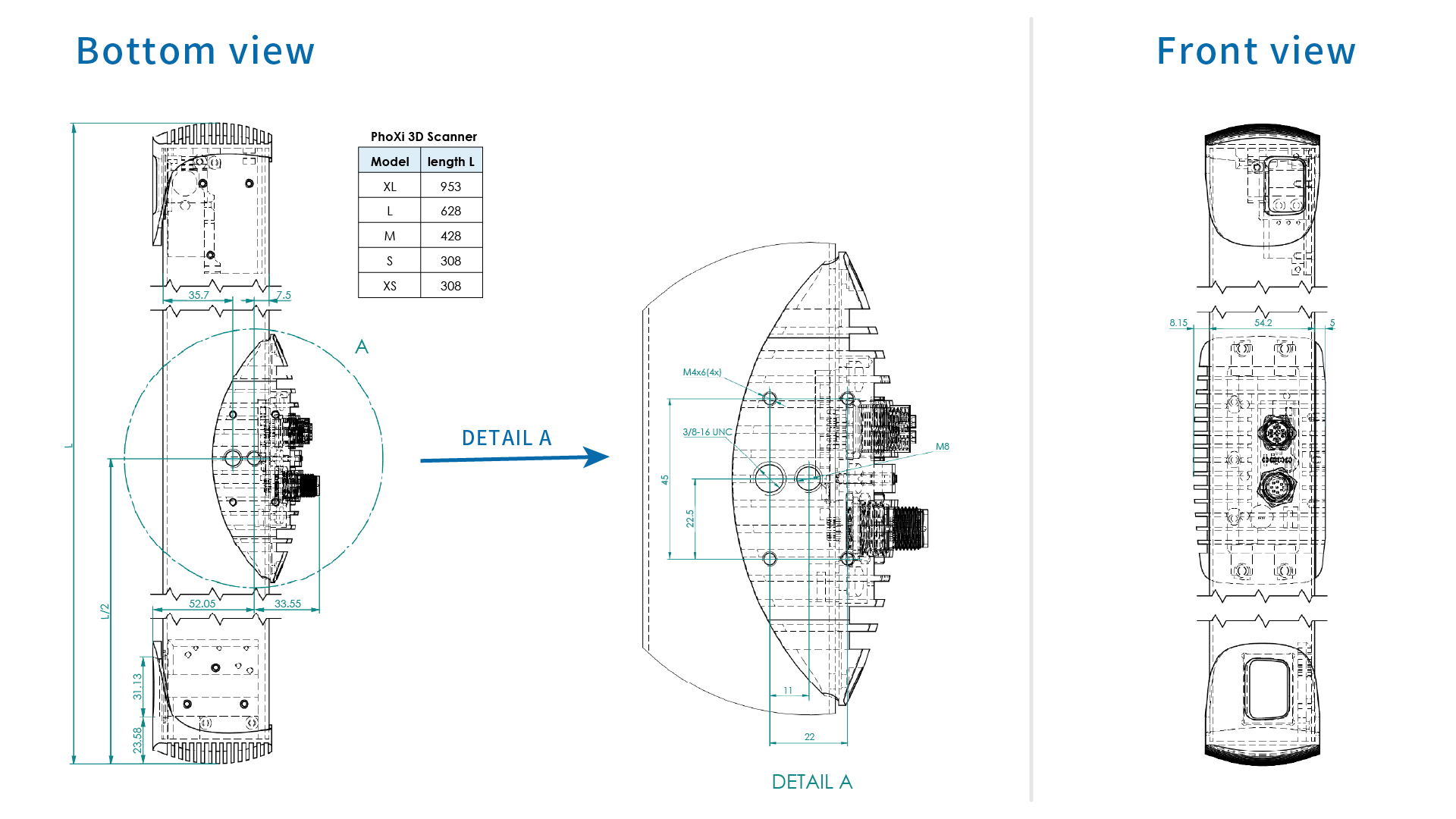 PhoXi 3D Scannerのスキャンの寸法図